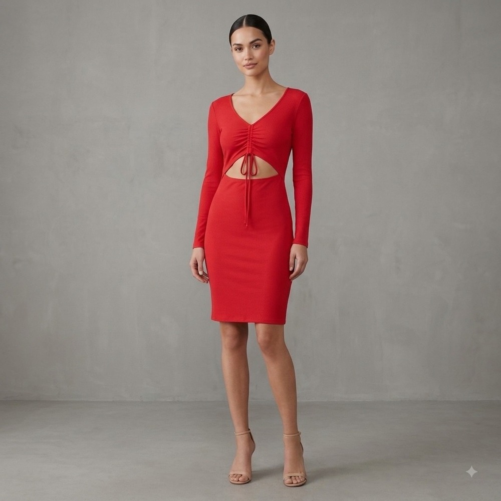 BCBG Paris Dress Womens Small Red Ribbed Long Sleeve Cutout Cinch Front Onit